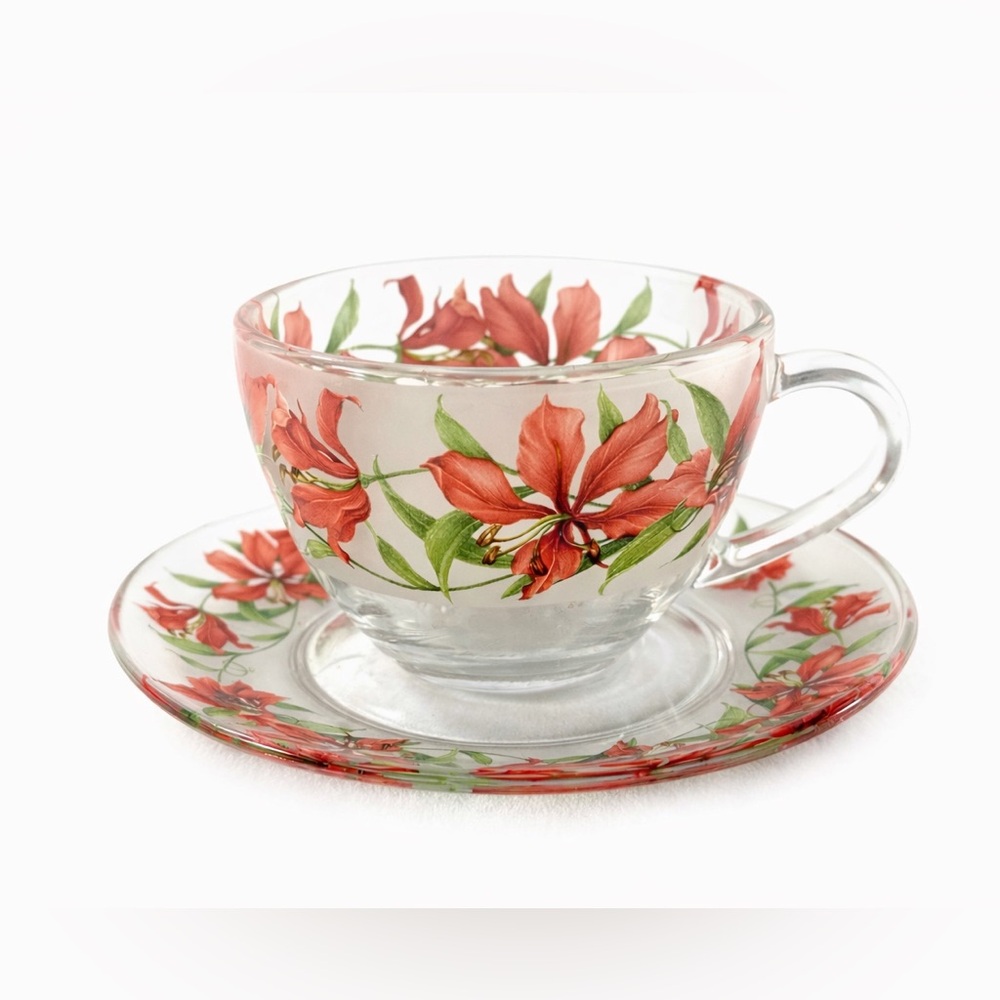 Briliant Indonesia Frosted Glass Teacup & Saucer Red Lily Floral Vintage